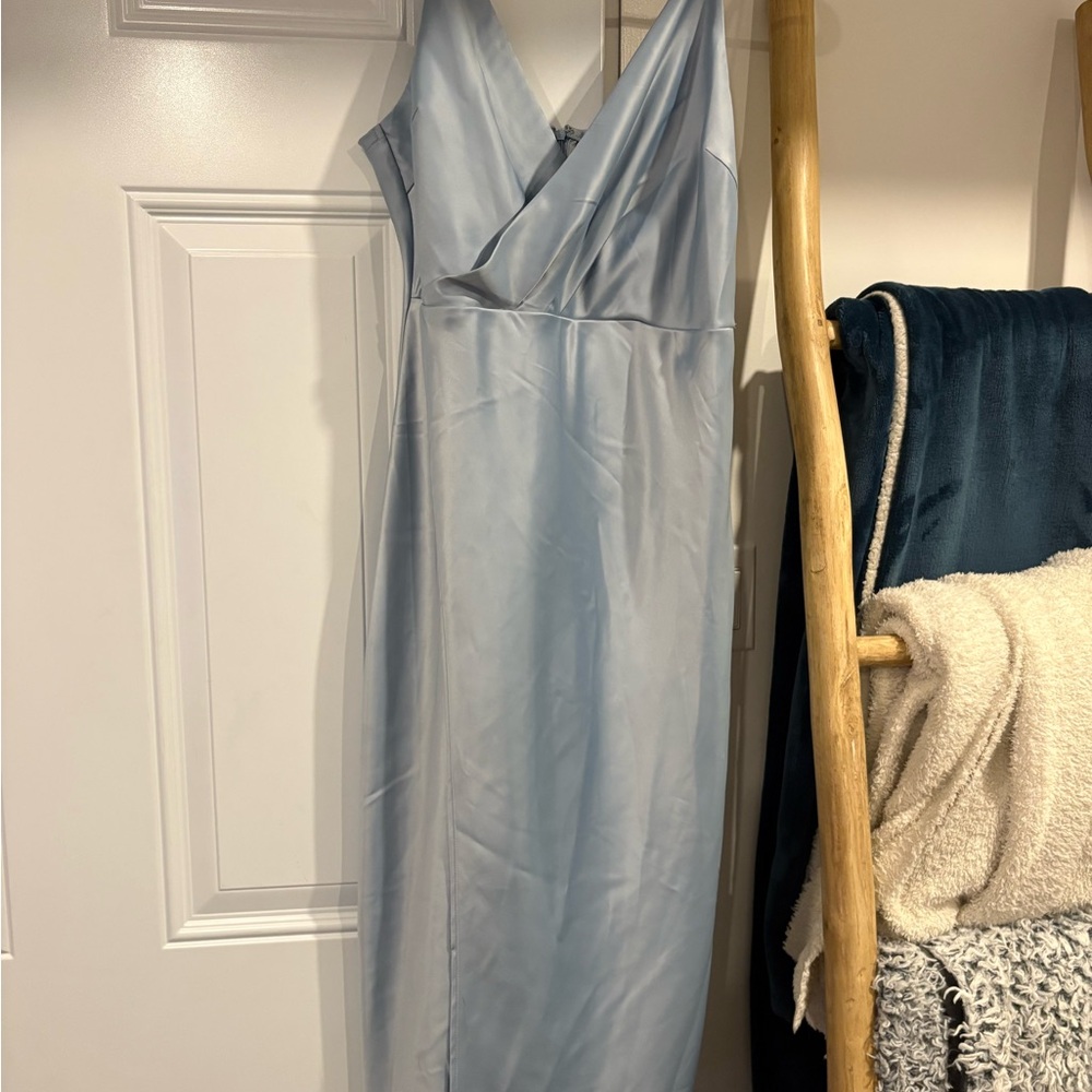 Elegant Light Blue Satin V-Neck Slip Dress